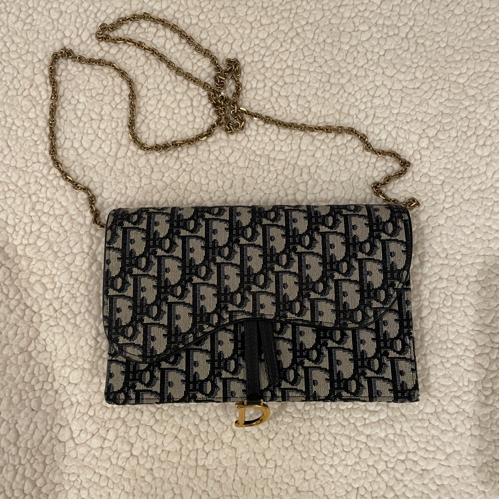 Dior Saddle Wallet On Chain (Saddle Pouch) in Blue Oblique Jacquard - Picture 3 of 13